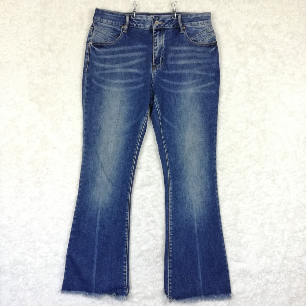 Kancan Womens Jeans Flare High Rise Blue Denim Frayed Hem Back Seam 14